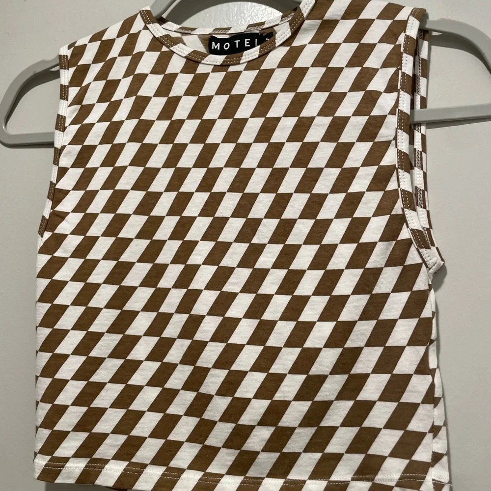 MOTEL Rocks Gimon Brown & White Checkered Crop Tank Top - S - Picture 2 of 11